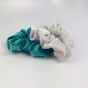 Two Washable Velvet Blue and White Scrunchies